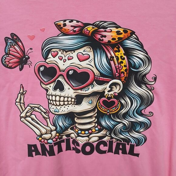 Halloween Grandma Skull Antisocial Pink Skeleton M Punk Goth Graphic T Shirt - Picture 1 of 8